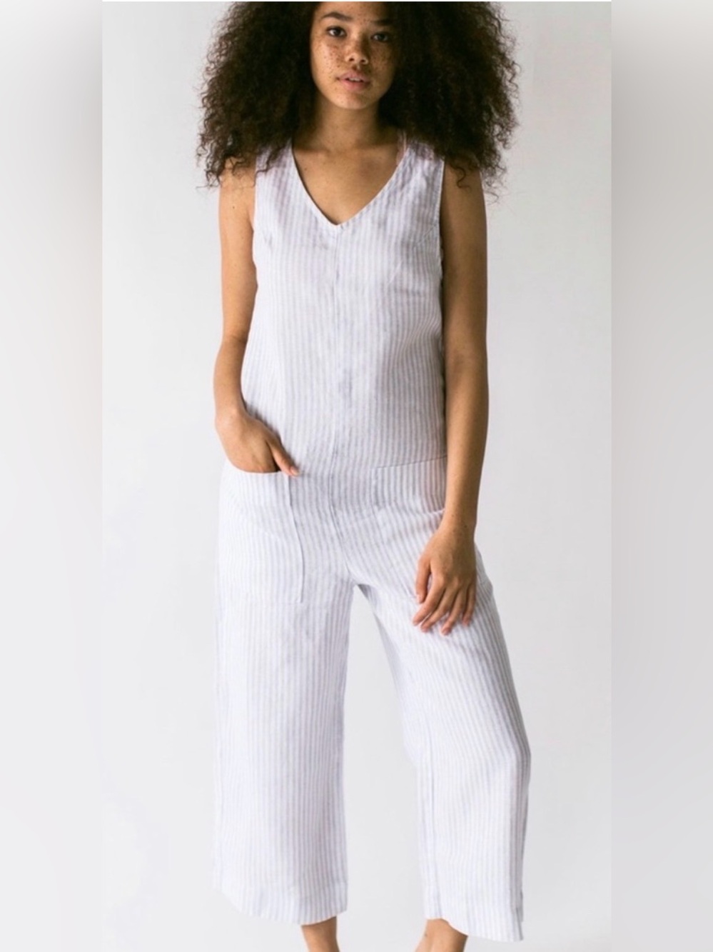 Suunday 100% Linen Blue and White Striped Wide-Leg Jumpsuit Women’s Size Small